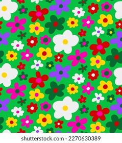 Abstract Hand Drawing Multi Color Simple Cute Ditsy Daisy Mix Flowers Seamless Vector Pattern Isolated Background