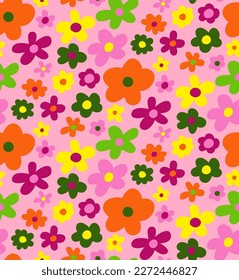 Abstract Hand Drawing Multi Color Simple Cute Ditsy Daisy Mix Flowers Seamless Vector Pattern Isolated Background