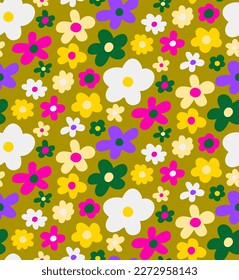 Abstract Hand Drawing Multi Color Simple Cute Ditsy Daisy Mix Flowers Seamless Vector Pattern Isolated Background