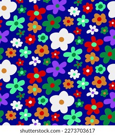 Abstract Hand Drawing Multi Color Simple Cute Ditsy Daisy Mix Flowers Seamless Vector Pattern Isolated Background