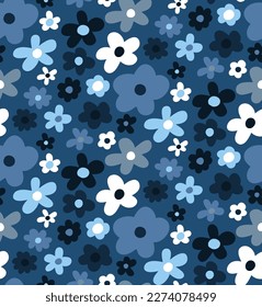 Abstract Hand Drawing Multi Color Simple Cute Ditsy Daisy Mix Flowers Seamless Vector Pattern Isolated Background