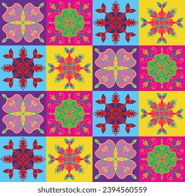 Abstract Hand Drawing Multi Colored Italian Tile Baroque Damask Checkered Ceramic Ethnic Traditional Bohemian Patchwork Geometric Floral Shapes Seamless Textile Vector Pattern Isolated Background