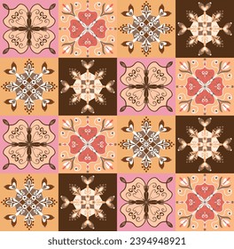Abstract Hand Drawing Multi Colored Italian Tile Baroque Damask Checkered Ceramic Ethnic Traditional Bohemian Patchwork Geometric Floral Shapes Seamless Textile Vector Pattern Isolated Background