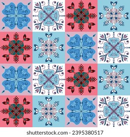 Abstract Hand Drawing Multi Colored Italian Tile Baroque Damask Checkered Ceramic Ethnic Traditional Bohemian Patchwork Geometric Floral Shapes Seamless Textile Vector Pattern Isolated Background