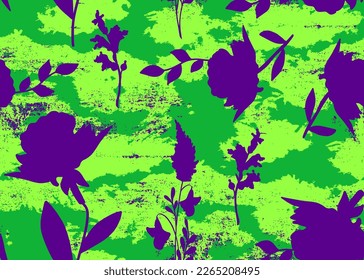Abstract Hand Drawing Old Grunge Textured Flowers Leaves and Branches Seamless Vector Pattern Camouflage Background