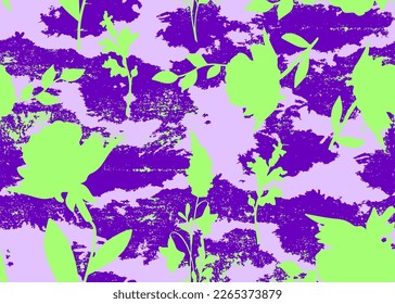 Abstract Hand Drawing Old Grunge Textured Flowers Leaves and Branches Seamless Vector Pattern Camouflage Background