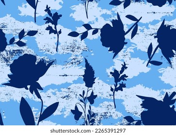 Abstract Hand Drawing Old Grunge Textured Flowers Leaves and Branches Seamless Vector Pattern Camouflage Background