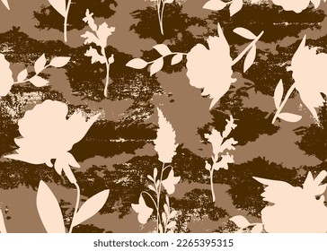 Abstract Hand Drawing Old Grunge Textured Flowers Leaves and Branches Seamless Vector Pattern Camouflage Background