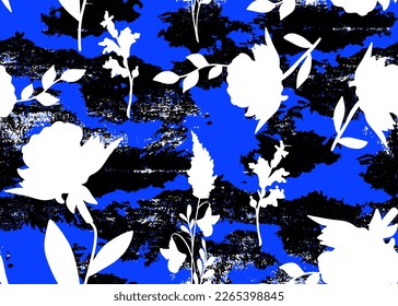 Abstract Hand Drawing Old Grunge Textured Flowers Leaves and Branches Seamless Vector Pattern Camouflage Background