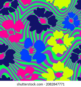 Abstract Hand Drawing Optical Wavy Lines Background with Simple Flowers Seamless Vector Pattern