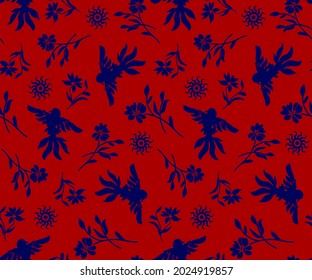 Abstract Hand Drawing Oriental Birds and Flowers Seamless Vector Pattern Isolated Background