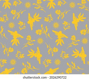Abstract Hand Drawing Oriental Birds and Flowers Seamless Vector Pattern Isolated Background