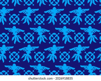 Abstracto Pájaros de águila oriental de dibujo y formas de flor geométrica Patrón vectorial transparente Fondo aislado
