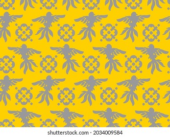 Abstract Hand Drawing Oriental Eagle Birds and Geometric Flower Shapes Seamless Vector Pattern Isolated Background