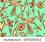 Abstract Hand Drawing Oriental Flowers Shapes Parrots and Hearts Repeating Vector Pattern Isolated Background 