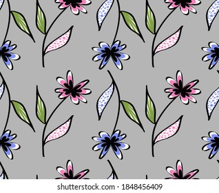 Abstract Hand Drawing Oriental Flowers Repeating Vector Pattern Isolated Background