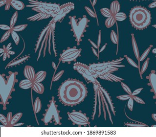 Abstract Hand Drawing Oriental Flowers Shapes Parrots and Hearts Repeating Vector Pattern Isolated Background 