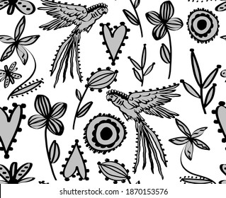 Abstract Hand Drawing Oriental Flowers Shapes Parrots and Hearts Repeating Vector Pattern Isolated Background 