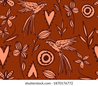 Abstract Hand Drawing Oriental Flowers Shapes Parrots and Hearts Repeating Vector Pattern Isolated Background 