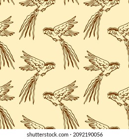 Abstract Hand Drawing Oriental Flying Parrots Seamless Vector Pattern Isolated Background