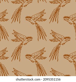 Abstract Hand Drawing Oriental Flying Parrots Seamless Vector Pattern Isolated Background