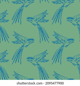 Abstract Hand Drawing Oriental Flying Parrots Seamless Vector Pattern Isolated Background
