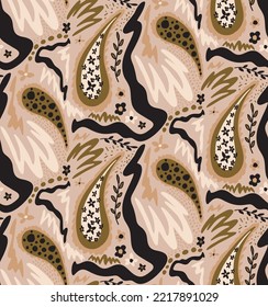 Abstract Hand Drawing Oriental Folk Bohemian Paisleys Swirls Dots Flowers Leaves and Geometric Shapes Seamless Vector Pattern Isolated Background