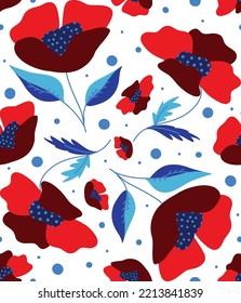 Abstract Hand Drawing Oriental Poppy Flowers Leaves and Dots Seamless Vector Pattern Isolated Background 