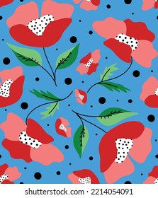 Abstract Hand Drawing Oriental Poppy Flowers Leaves and Dots Seamless Vector Pattern Isolated Background 