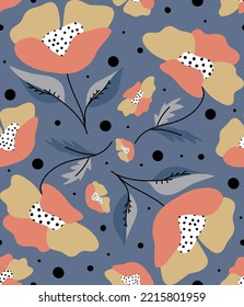 Abstract Hand Drawing Oriental Poppy Flowers Leaves and Dots Seamless Vector Pattern Isolated Background 