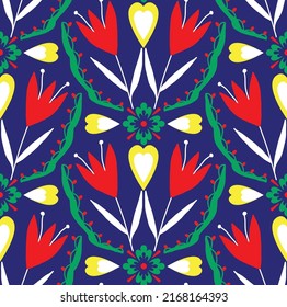 Abstract Hand Drawing Oriental Tile Ceramic Ethnic Vintage Tulip Flowers and Leaves Seamless Vector Pattern Isolated Background