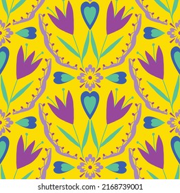Abstract Hand Drawing Oriental Tile Ceramic Ethnic Vintage Tulip Flowers and Leaves Seamless Vector Pattern Isolated Background