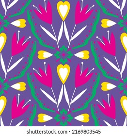 Abstract Hand Drawing Oriental Tile Ceramic Ethnic Vintage Tulip Flowers and Leaves Seamless Vector Pattern Isolated Background