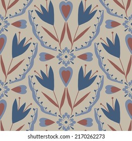 Abstract Hand Drawing Oriental Tile Ceramic Ethnic Vintage Tulip Flowers and Leaves Seamless Vector Pattern Isolated Background
