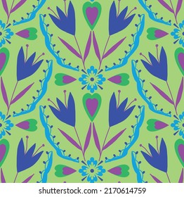 Abstract Hand Drawing Oriental Tile Ceramic Ethnic Vintage Tulip Flowers and Leaves Seamless Vector Pattern Isolated Background