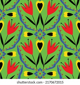 Abstract Hand Drawing Oriental Tile Ceramic Ethnic Vintage Tulip Flowers and Leaves Seamless Vector Pattern Isolated Background