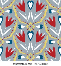 Abstract Hand Drawing Oriental Tile Ceramic Ethnic Vintage Tulip Flowers and Leaves Seamless Vector Pattern Isolated Background