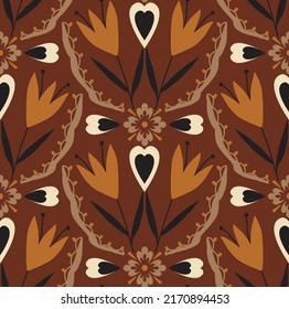 Abstract Hand Drawing Oriental Tile Ceramic Ethnic Vintage Tulip Flowers and Leaves Seamless Vector Pattern Isolated Background