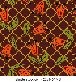 Abstract Hand Drawing Oriental Traditional Tulips and Leaves Seamless Vector Pattern with Moroccan Tile Background