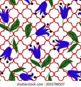 Abstract Hand Drawing Oriental Traditional Tulips and Leaves Seamless Vector Pattern with Moroccan Tile Background