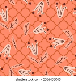 Abstract Hand Drawing Oriental Traditional Tulips and Leaves Seamless Vector Pattern with Moroccan Tile Background