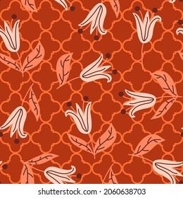 Abstract Hand Drawing Oriental Traditional Tulips and Leaves Seamless Vector Pattern with Moroccan Tile Background