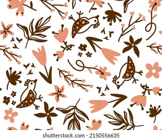 Abstract Hand Drawing Oriental Vintage Flowers Leaves and Birds Seamless Vector Pattern Isolated Background