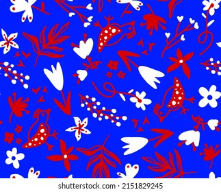 Abstract Hand Drawing Oriental Vintage Flowers Leaves and Birds Seamless Vector Pattern Isolated Background
