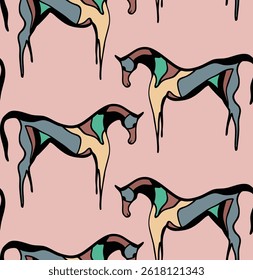 Abstract Hand Drawing Origami Style Multi Colored Geometric Horse Silhouettes Seamless Vector Pattern Isolated Background