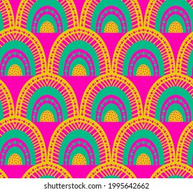 Abstract Hand Drawing Ornamental Sun Rainbow Doodle Motifs Seamless Vector Pattern Isolated Background 