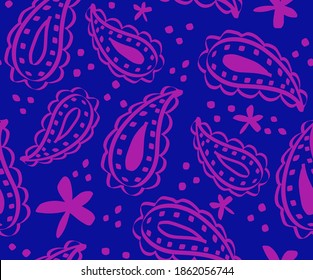 Abstract Hand Drawing Paisleys and Flowers Repeating Vector Patten Isolated Background 