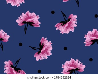 Abstract Hand Drawing Peony Flowers and Dots Seamless Vector Pattern Isolated Background