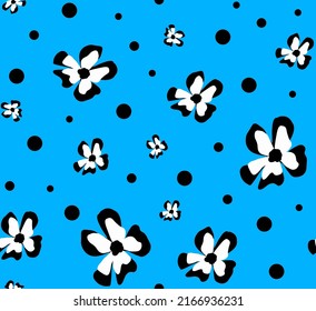 Abstract Hand Drawing Peony Flowers and Dots Seamless Vector Pattern Isolated Background  