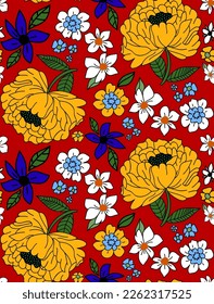 Abstract Hand Drawing Peony Poppy Plumeria Hydrangea Mix Flowers and Leaves Seamless Vector Pattern Isolated Background